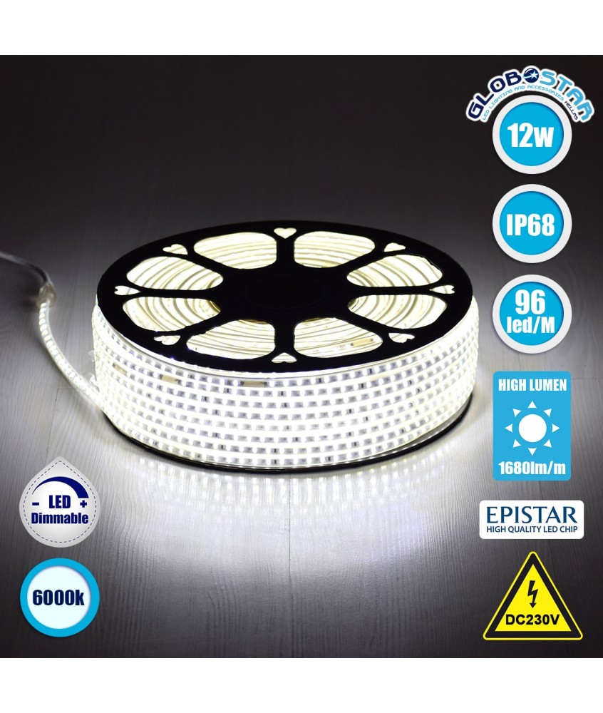 GLOBOSTAR® EPISLIM 70500 Ταινία LED 12W-m 1200lm-m 120° DC 220-240V Αδιάβροχη IP65 96 x SMD2835 Chip-m Ψυχρό Λευκό 6000K Dimmable - Epistar SMD Chip - Μ100 x Π1 x Υ0.5cm - 3 Χρόνια Εγγύηση